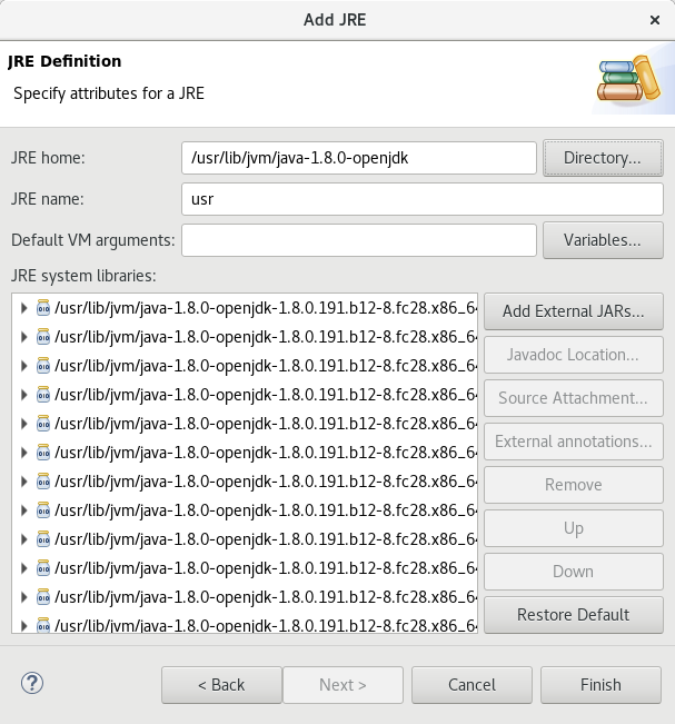 A set of JAR files for the selected JRE is now listed