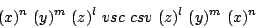 \begin{displaymath}
(x)^n~(y)^m~(z)^l~vsc~csv~(z)^l~(y)^m~(x)^n~
\end{displaymath}